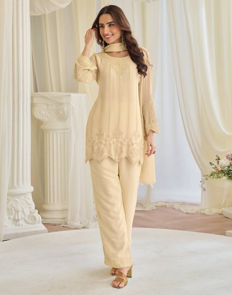 Beige art silk sequins readymade suits free size up to 42