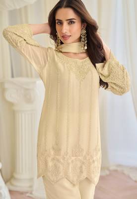 Beige art silk sequins readymade suits free size up to 42 2