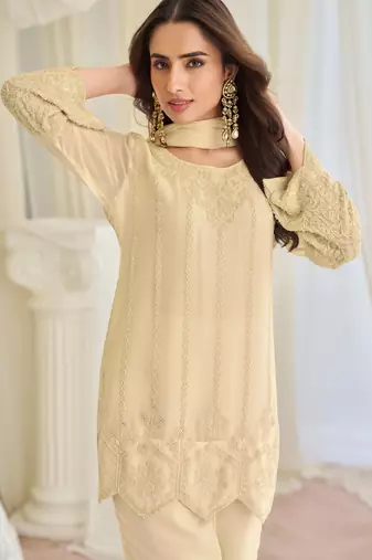 Beige art silk sequins readymade suits free size up to 42