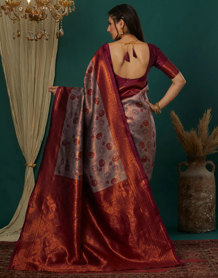 lavender wine silk blend banarasi saree with unstitched blouse piece 2