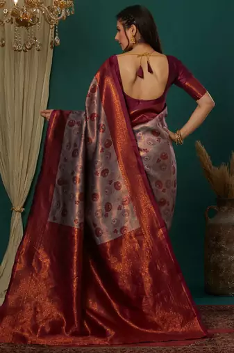 lavender wine silk blend banarasi saree with unstitched blouse piece