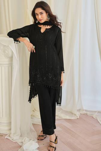 Black art silk sequins readymade suits free size up to 42