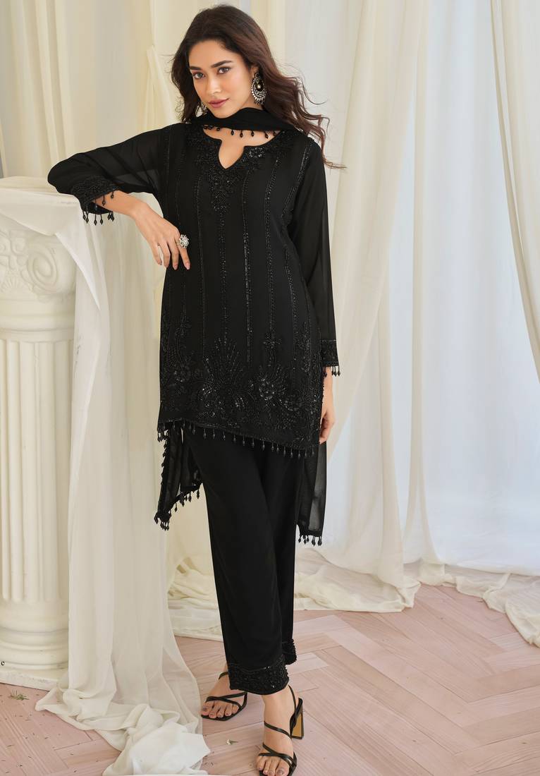 Black art silk sequins readymade suits free size up to 42