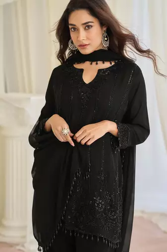 Black art silk sequins readymade suits free size up to 42