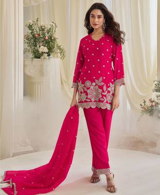 Pink art silk sequins readymade suits free size up to 42 1