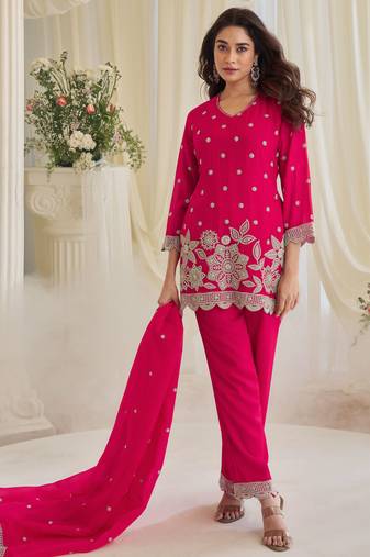 Pink art silk sequins readymade suits free size up to 42