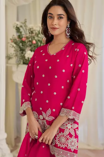 Pink art silk sequins readymade suits free size up to 42
