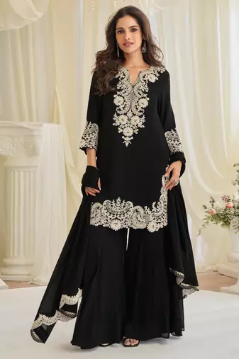 Black art silk sequins readymade suits free size up to 42