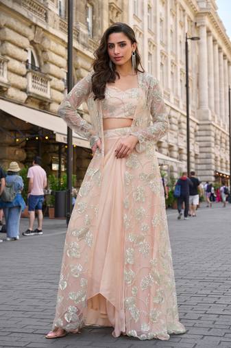 Peach crepe sequins readymade suits free size up to 42