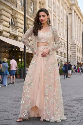 Peach crepe sequins readymade suits free size up to 42