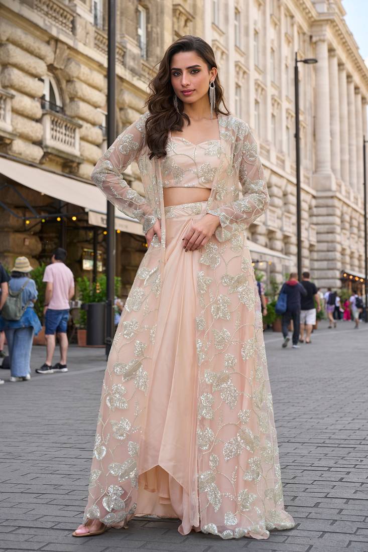 Peach crepe sequins readymade suits free size up to 42