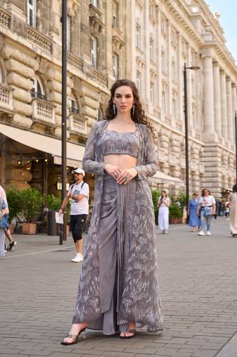 Grey crepe sequins readymade suits free size up to 42