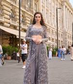 Grey crepe sequins readymade suits free size up to 42