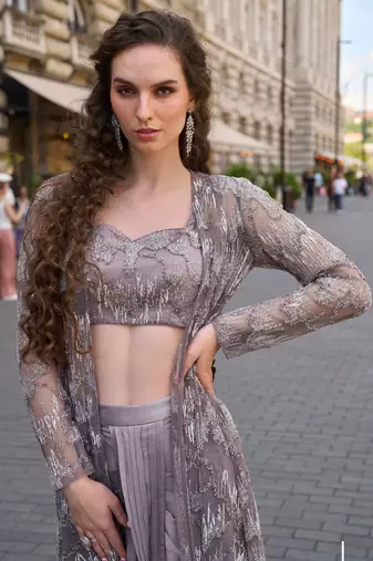 Grey crepe sequins readymade suits free size up to 42