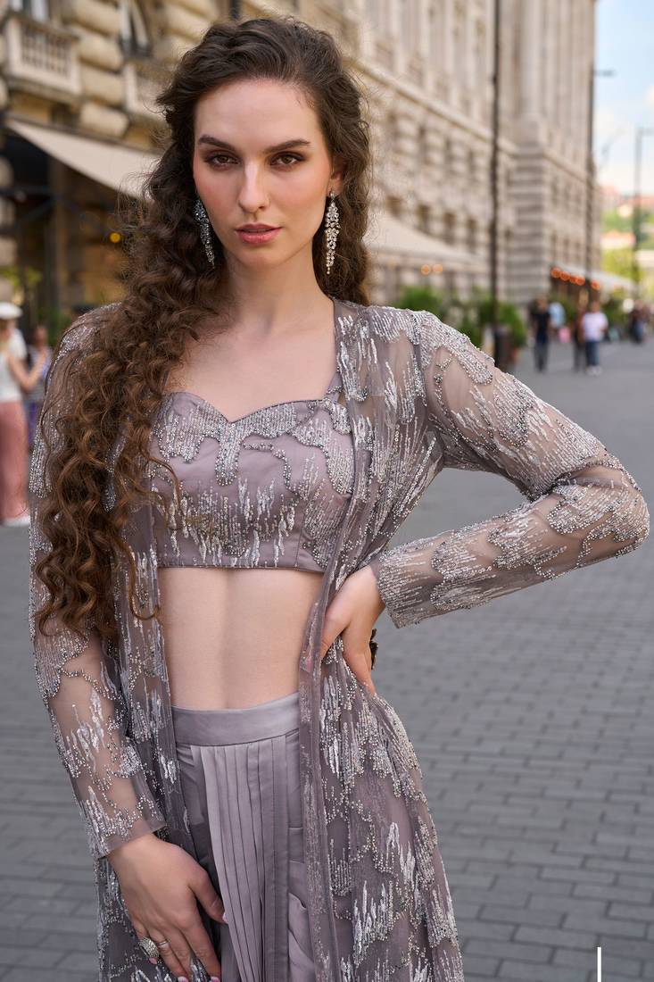 Grey crepe sequins readymade suits free size up to 42