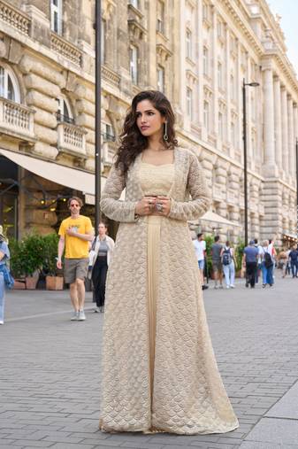 Beige crepe sequins readymade suits free size up to 42