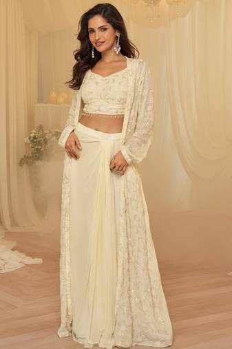 Off white georgette sequins readymade suits free size up to 42