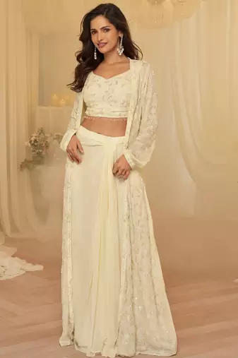 Off white georgette sequins readymade suits free size up to 42