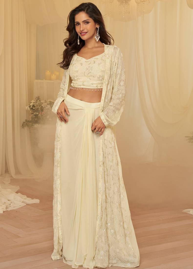 Off white georgette sequins readymade suits free size up to 42