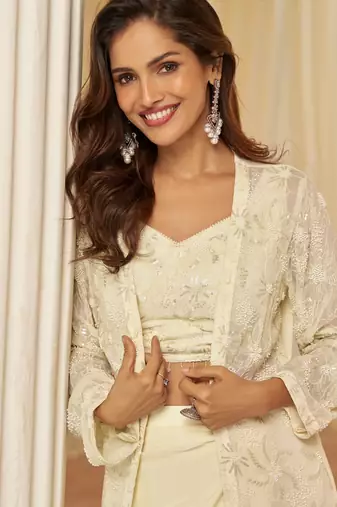 Off white georgette sequins readymade suits free size up to 42