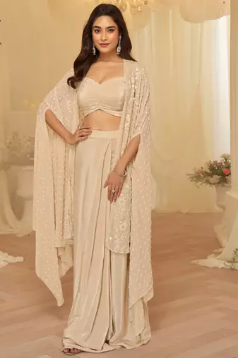 Beige georgette sequins readymade suits free size up to 42