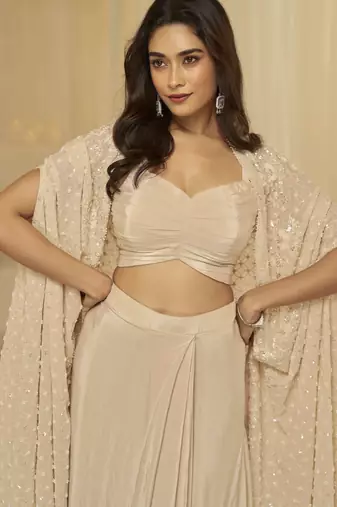 Beige georgette sequins readymade suits free size up to 42