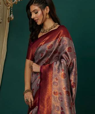 lavender wine silk blend banarasi saree with unstitched blouse piece 3