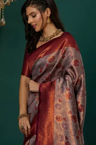 lavender wine silk blend banarasi saree with unstitched blouse piece