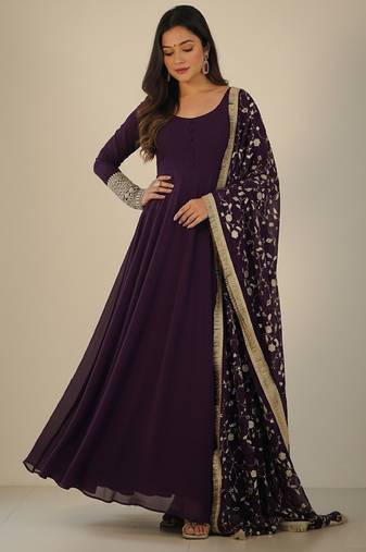 Purple embroidered pure georgette salwar suit