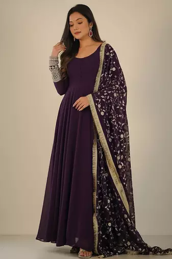 Purple embroidered pure georgette salwar suit