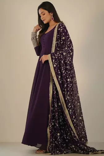 Purple embroidered pure georgette salwar suit