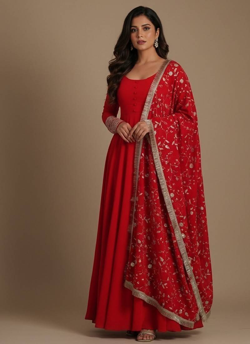 Red embroidered pure georgette salwar suit