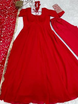 Red embroidered pure georgette salwar suit 4
