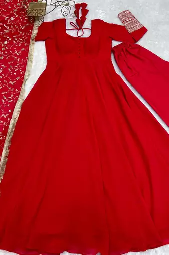 Red embroidered pure georgette salwar suit