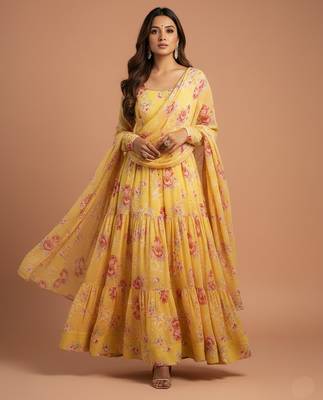 Yellow printed pure georgette salwar suit 1