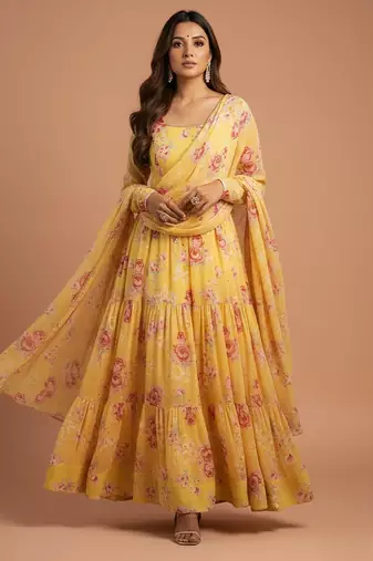Yellow printed pure georgette salwar suit