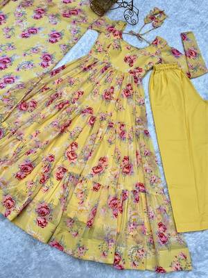 Yellow printed pure georgette salwar suit 4