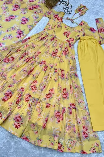 Yellow printed pure georgette salwar suit
