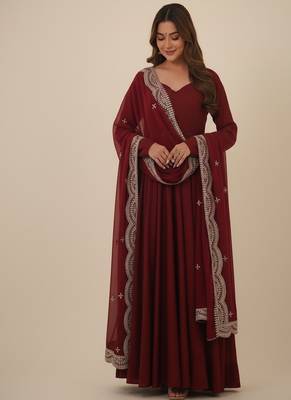 Maroon sequins pure chanderi silk salwar suit 1