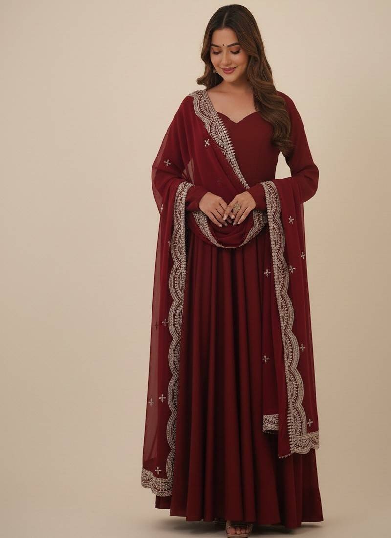 Maroon sequins pure chanderi silk salwar suit