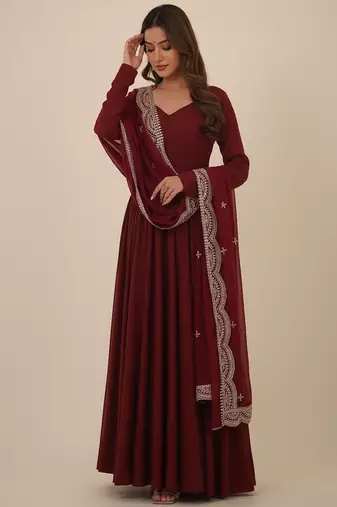 Maroon sequins pure chanderi silk salwar suit