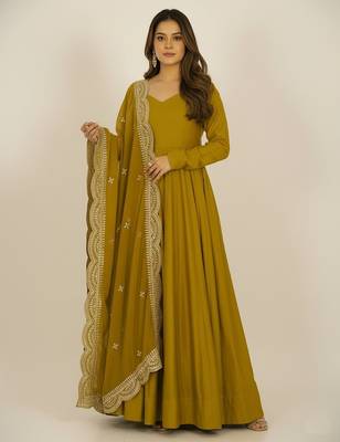Mustard sequins pure chanderi silk salwar suit 1