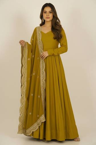 Mustard sequins pure chanderi silk salwar suit