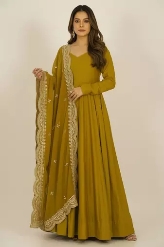 Mustard sequins pure chanderi silk salwar suit