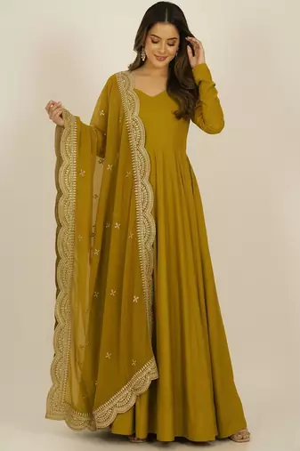 Mustard sequins pure chanderi silk salwar suit