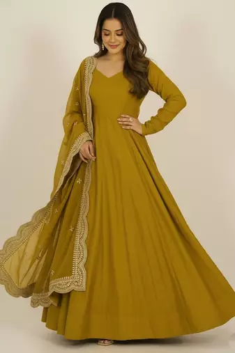 Mustard sequins pure chanderi silk salwar suit