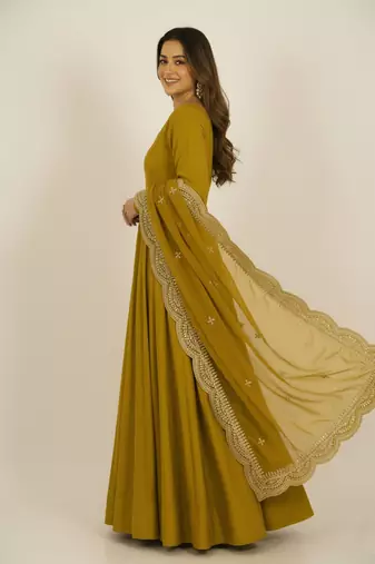 Mustard sequins pure chanderi silk salwar suit