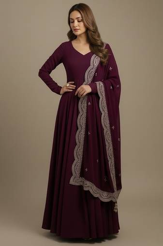 Wine sequins pure chanderi silk salwar suit