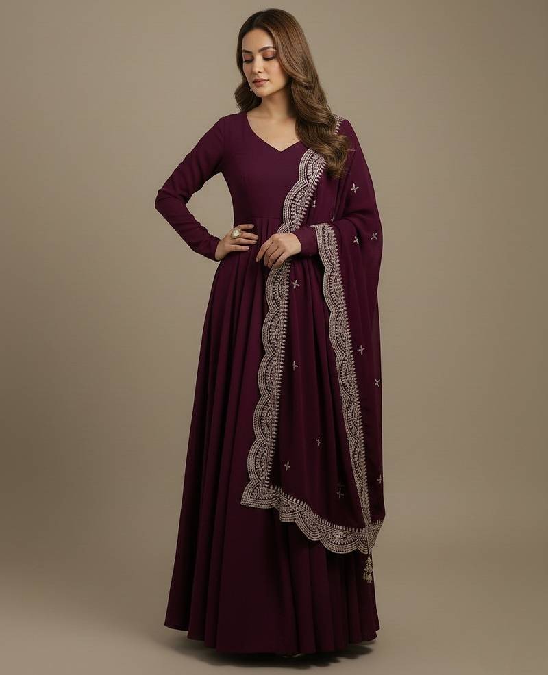 Wine sequins pure chanderi silk salwar suit