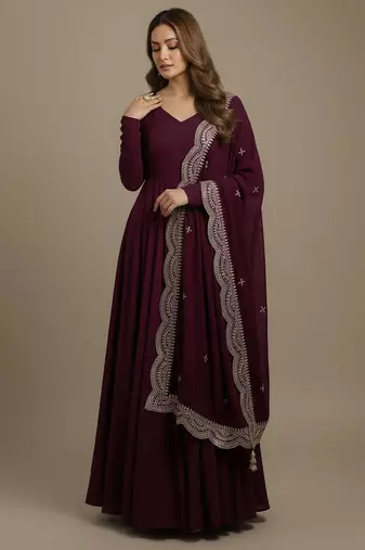 Wine sequins pure chanderi silk salwar suit